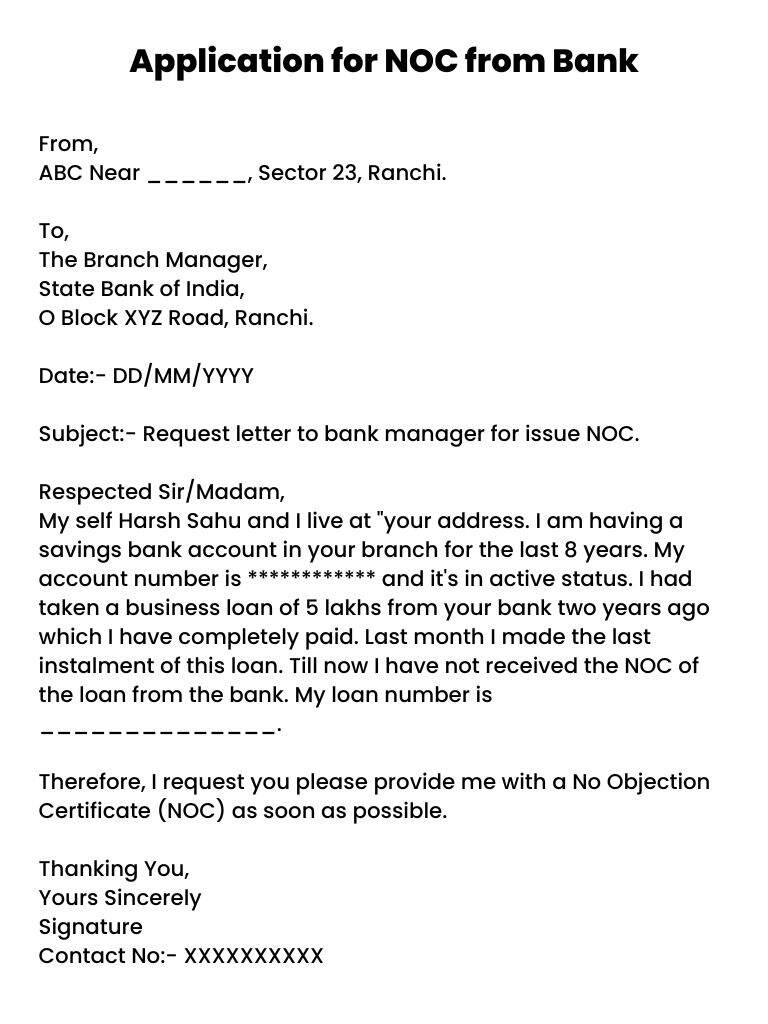 Application For NOC From Bank Format 5 Latest Samples