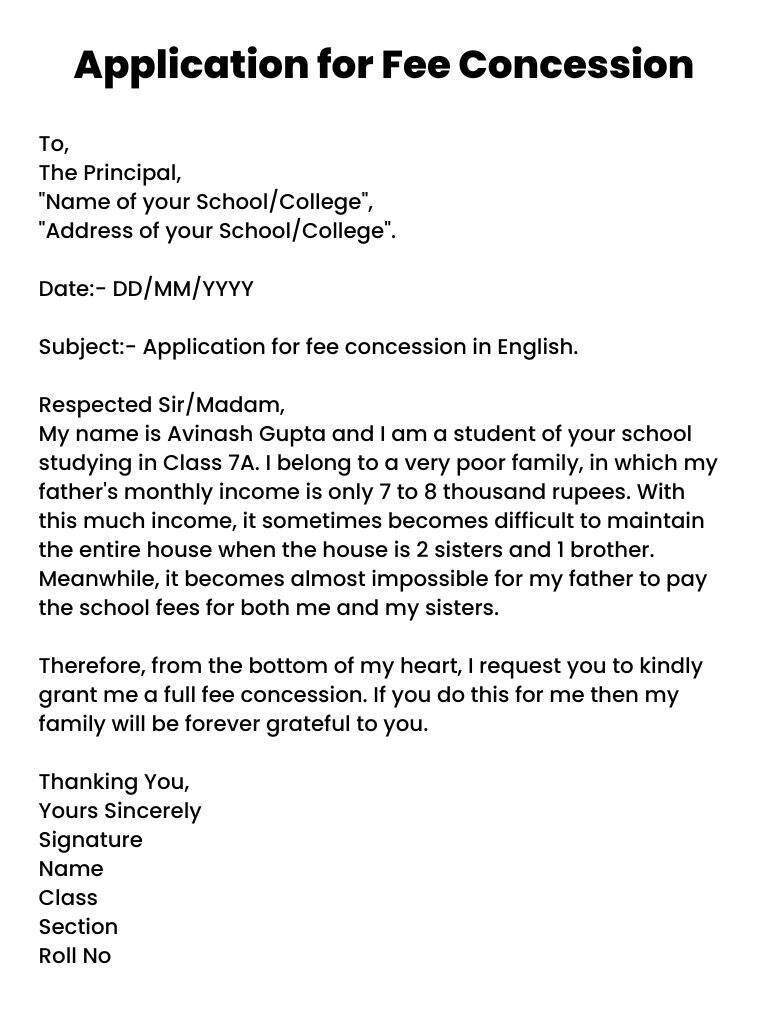 how to write application letter to principal for fee concession