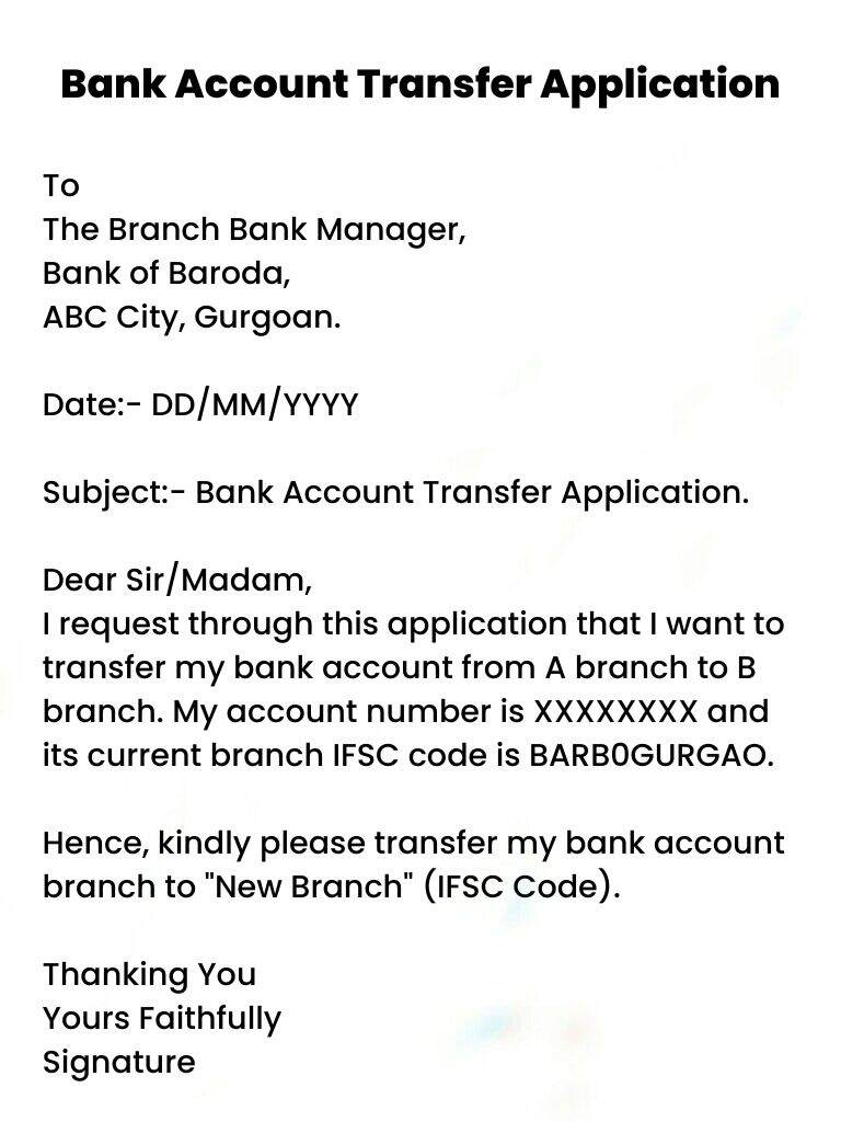 application letter to transfer my bank account