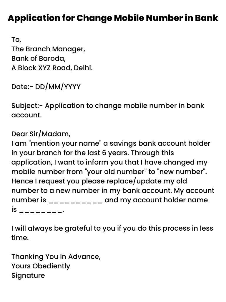 Application For Mobile Number Change In Bank Account