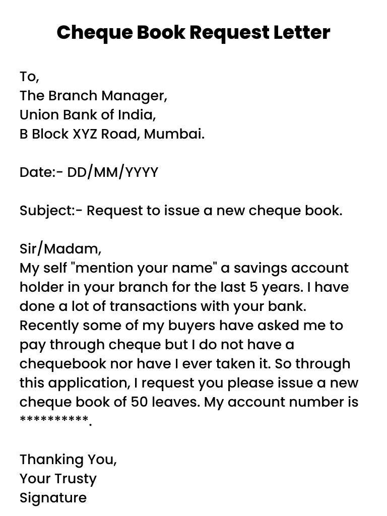 Application For Cheque Book Issue In Bank 9 Samples 