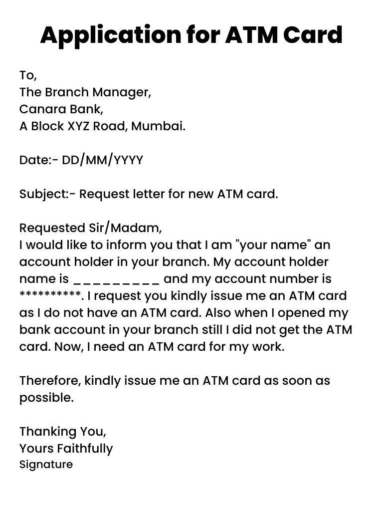 atm card application letter in english